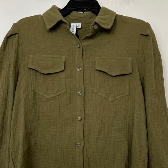Grace+Karma Olive Green Gauze Cotton Button Down Relaxed Fit Blouse Small New - Picture 3 of 11